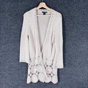 Willi Smith Cardigan Women L Large Gray Open Front Long Sleeve Knit Cotton